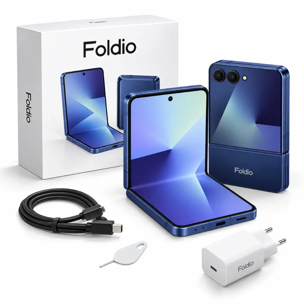 Kit completo Foldio con smartphone pieghevole, caricatore, cover e accessori